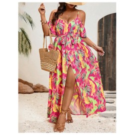 Floerns Women's Plus Size Cold Shoulder Short Sleeve Split Thigh Long Dress Rose Pink X-Large Plus