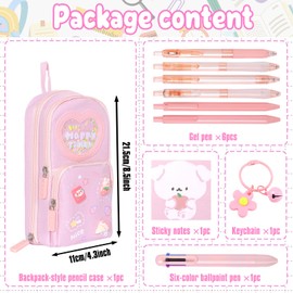 Raveparty Special Pencil Case, Aesthetic Pencil Case, Kids Girls Pencil Cases with Compartments Pen Sticky Notes Keychain for Girls Back to School (Pink)