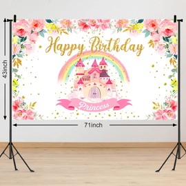 Princess Birthday Party Backdrop Pink Royal Castle Birthday Photography Background Rainbow and Flower Happy Birthday Party Background Banner for Girl Baby Birthday Party Decoration, 6 x 3.6 ft