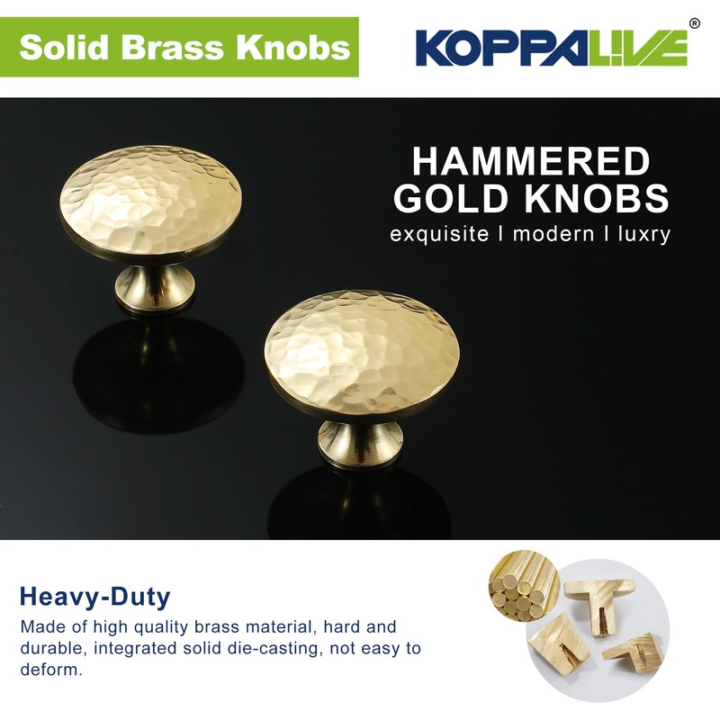 KOPPALIVE 10-Pack Solid Brass Kitchen Cabinet Knobs, Hammered Gold Drawer