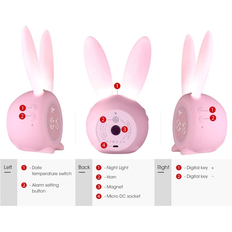 KDtech Kids Alarm Clock with Night Light 6 Ringtones, Cute