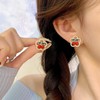 Red Cherry Pearl Stud Earrings - Small, Green Leaf Design