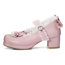 elerhythm Women's Mary Jane Platform Chunky Block Heels Cute Cosplay Kawaii Bow Lace Dresses Crossed Round Toe Ankle Strap Shoes, Pink (pink 2)