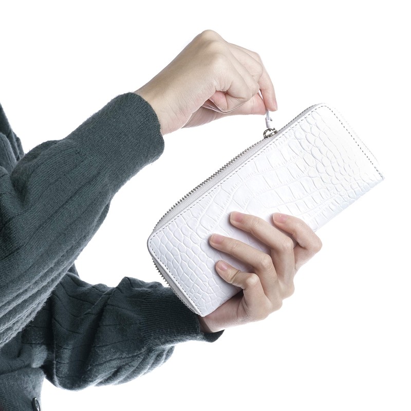 Nallyda Crocodile Embossed Cowhide Long Wallet, white (pink interior)