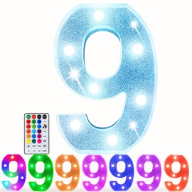Pooqla Colorful Marquee Numbers with Remote, RGB Light Up Numbers, Glitter LED Lighted Number Lights Battery Powered, Christmas Birthday Gift Home Bedroom Wedding Shiny Party Decoration, Number 9