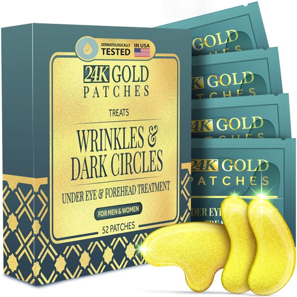 24K Gold Under Eye and Forehead Patches - 52 PCS - Collagen and Hyaluronic Acid Pads that Helps Reducing Under Eye Puffiness, Wrinkles, and Dark Circles - NO Artificial Fragrance or Alcohol