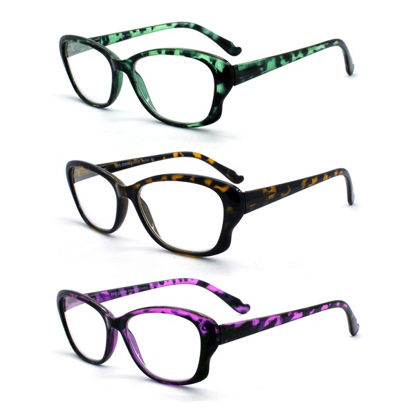 EYE ZOOM 3 Pack Stylish Cat Eye Style Reading Glasses for Women, Tortoise, 2.75
