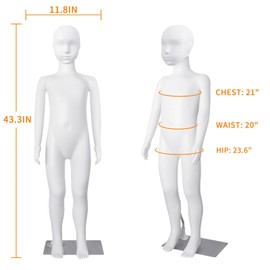 YunHome Kids Dress Form Child Mannequin Full Body Sewing Manikin 43.3 Inch Poseable Mannequin with Stand Realistic Mannequin Display Head Dress Mannequin Clothing Form Metal Base Connector, White