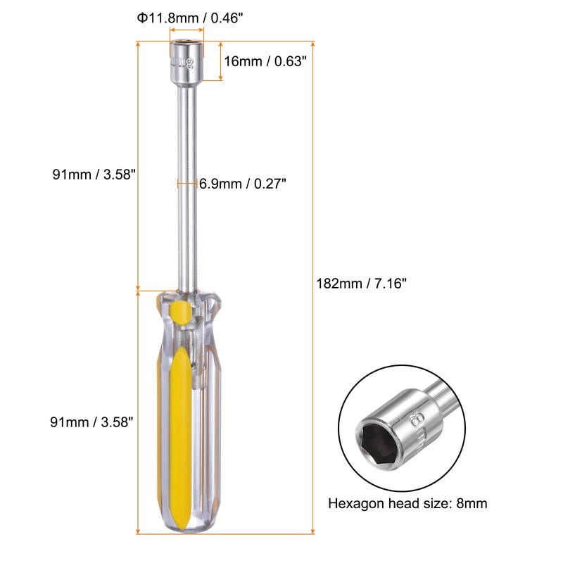 HARFINGTON Metric Nut Driver 8mm CR-V Non-Magnetic Tip Solid Shafts
