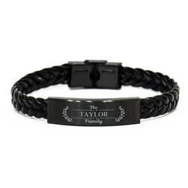 DARIN GIFT Taylor Family Name Sign Braided Leather Bracelet - Custom ID Plate Last Name Bracelet Birthday Christmas Gifts Idea For Friends Men Women, Engraved Adjustable
