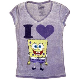 Spongebob SquarePants I Love Heart Spongebob V-Neck Heathered Lilac Juniors T-shirt Tee (Juniors Medium)