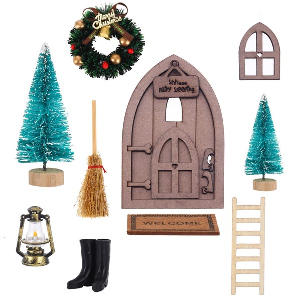 Gnome Door Christmas Set of 10 Cute Christmas Miniature Garden Tools Christmas Garden Miniature Dollhouse Accessories, Gnome Door Lantern Christmas Tree Wreath Wooden Ladder Gnome Broom Rug