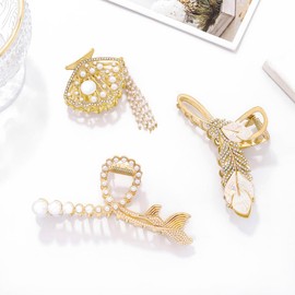 Formery Fishtail Hair Claws Gold Pearl Shell Hair Clips Rhinestone Feather Hair Accessories for Women (3pcs)