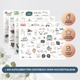 Sticker Wedding Guest Book - 200 Stickers on 4 Sheets - Stickers for Photo Album, Scrapbook, Bullet Journal - Sticker Set Wedding with Love and Heart - for Wedding Guest Book, Wedding Album - Nature