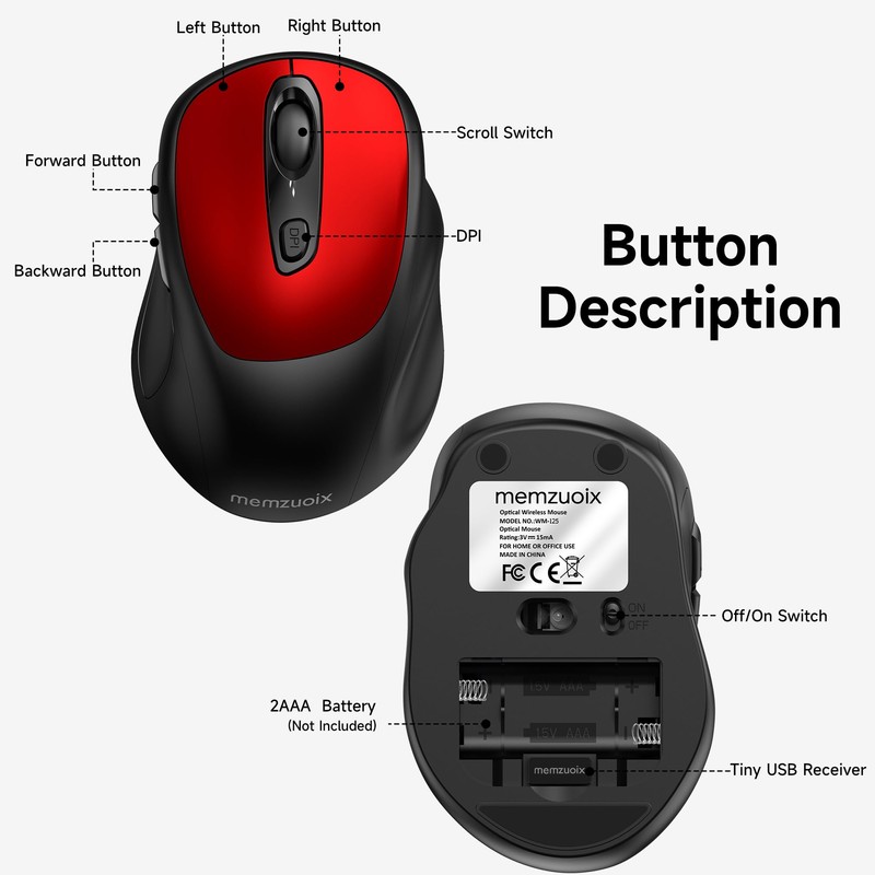 memzuoix Wireless Mouse, 2.4GHz Nano Receiver, 3 DPI Levels (800/1200/1600),