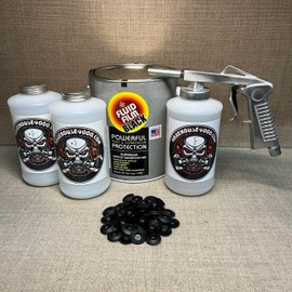 Fluid Film Black Gallon, Standard Economy Undercoating Spray Gun, 3 White Quart Bottles, and 50 Rust Plugs