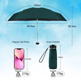 Vicloon Mini Travel Umbrella, Pocket Umbrella Foldable Compact with Flat Handle, 6-Rib Light-Weight Waterproof Sturdy and Portable Umbrella, Rain and Sun Umbrella, UPF>50+ Protection (Dark Green)