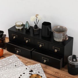 BoxSkivra Apothecary Drawers Wooden Storage Box with 6 Drawers Vintage Wooden Drawers Wood Desktop Organizer with Drawers Countertop Drawers Library Card Catalog Cabinet Apothecary Cabinet （BLACK）