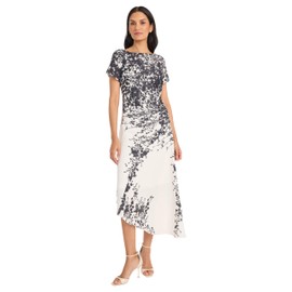 Maggy London Women's Ruched Waist Asymmetrical Midi Boat Neck Short Sleeve-Special Occasion Wedding Guest Dress, Cream/Charcoal