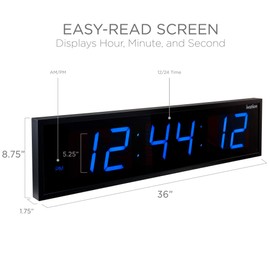 Ivation Huge 36" Inch Large Big Oversized Digital LED Clock with Stopwatch, Alarms, Countdown Timer & Temp - Shelf or Wall Mount (Blue) | 6-Level Brightness, Mounting Holes & Hardware
