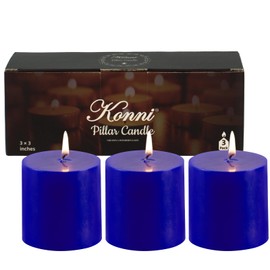 KONNI Classic Blue Pillar Candles Set of 3, 3"x 3" Unscented Pillar Candles Bulk, 30 Hours Long Burning Candles, Smokeless&Dripless Large Round Candle for Wedding, Home Decoration, Parties, Spas