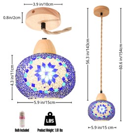 Turkish Moroccan Mosaic Hanging Lamp – Hardwired Pendant Light Fixture with 4.6FT Hemp Rope & Solid Wood, Handmade Stained Glass Tiffany Style Ceiling Chandelier for Bedroom Living Room Decor