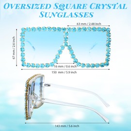 Weewooday 2 Pairs Oversized Square Crystal Sunglasses Flat Top Sunglasses Retro Thick Frame Bling Glasses for Women Men (Black,Blue)