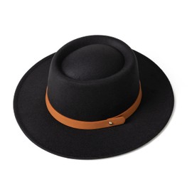 EOGIMI Lady Retro Wide Brim Fedora Floppy Pork Pie Hat with Belt Buckle Black