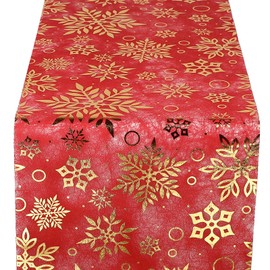 WELTRXE Christmas Table Runner, 28cm x 5M Gold Foil Snowflakes on Red Table Runner Roll, Reusable Cuttable Polyester Fiber Roll, Gift Wrapping Xmas Festival Dinner Table Cloth Decor Home Decorations