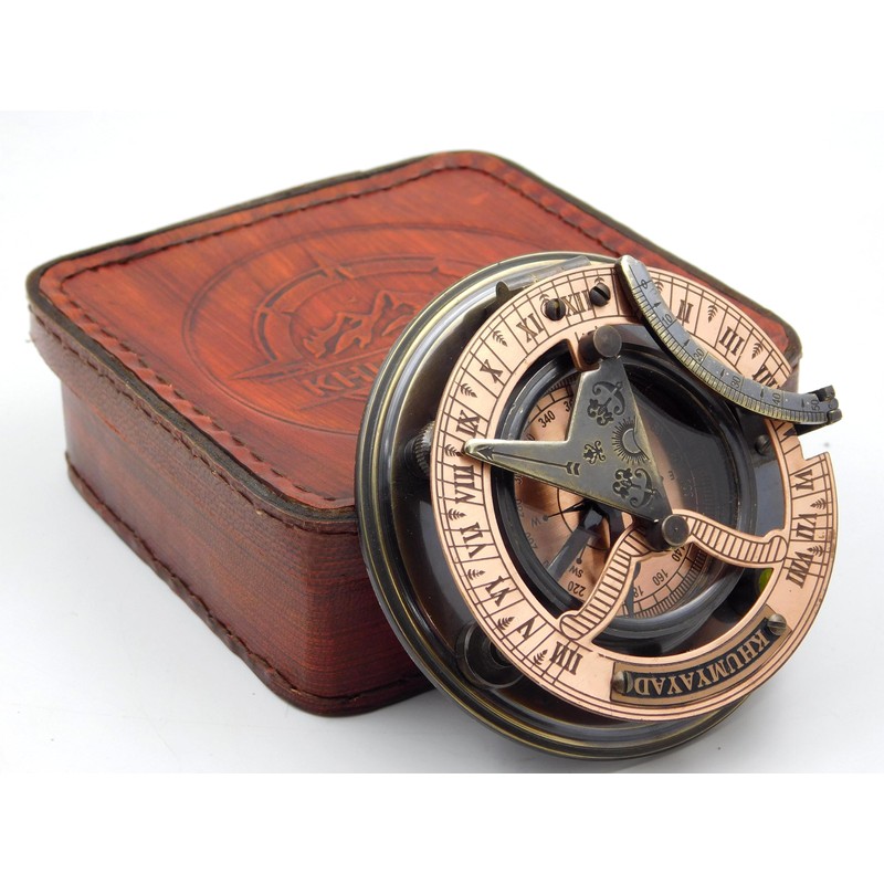 KHUMYAYAD Handmade Brass Sundial Compass Fully Functional with Pure Leather