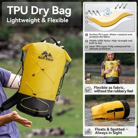MARCHWAY - Bolsa seca flotante con tapa enrollable, flexible, ligera, de nailon con revestimiento de TPU, impermeable, 20 L/30 L/40 L con correas acolchadas para navegar, kayak, natación, senderismo