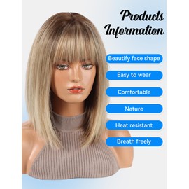 HAIRCUBE Bob Wigs for Women Synthetic Wig with Fringe Blonde with Dark Roots Color for Daily Use
