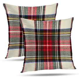 Batmerry Plaid Pillow Covers 18x18 Inch Set of 2, Scottish Tartan Red and White Wool Plaid Pattern Symmetric Square Print Double Sided Decorative Pillows Cases Throw Pillows Covers