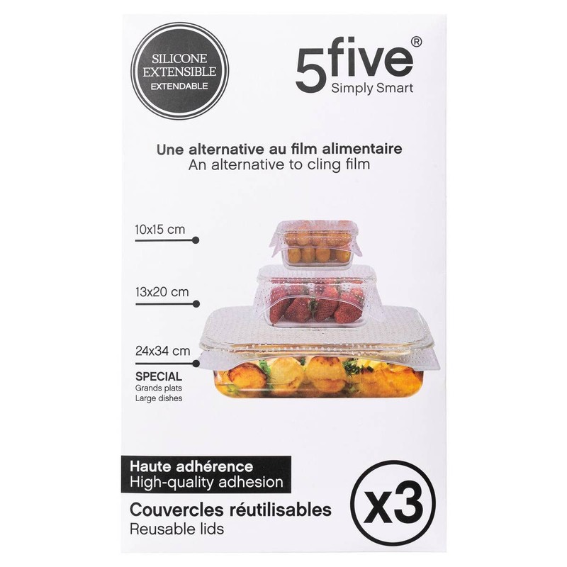 3 reusable rectangular food wraps. 5 five simply smart