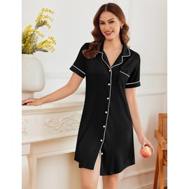 Ekouaer Nightgowns for Women Button Down Sleepshirt Short Sleeve Nightshirt Boyfriend Pajamas V Neck Nightdress Black XL