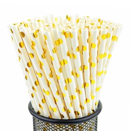 YAOSHENG Paper Straws for drinking, Pack 100 Gold Polka Dots Paper Straws for Cocktail Party Supplies,Birthday,Wedding,Bridal/Baby Shower,Juice,shakes,Smoothies