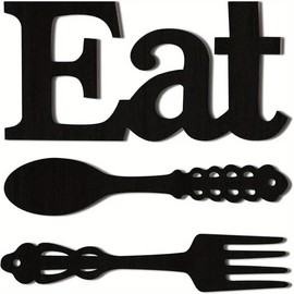 Ltstor s Set of Wooden Wall Decorations, Wooden EAT Letter Logos, Fork and Spoon Wall Decorations, Rural House Wall Art, Cute Kitchen and House Wall Decorations (Black)