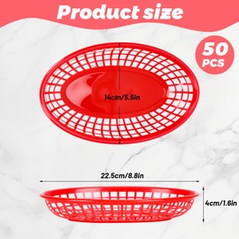 GothaBach 50 Pack Fast Food Baskets, Plastic Fast Food Restaurant Baskets, Bread Fry Baskets Serving Tray for Hot Dogs, Chicken, Burgers, Sandwiches, Fries (Red)