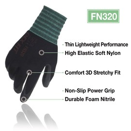 DEX FIT Premium Nylon Nitrile Work Gloves FN320, 1 Pair, 3D-Comfort Stretchy Fit, Firm Grip, Thin & Lightweight, Durable, Breathable & Cool, Machine Washable; Black 8 (M)