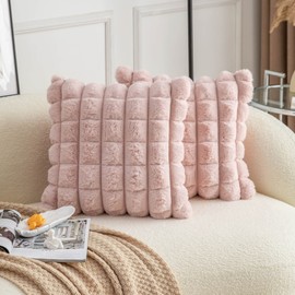 Neelvin Pink Faux Fur Cozy Soft Plaid Decorative Throw Pillow Covers 24x24 inch Set of 2,Velvet Pillowcase Cushion Case for Sofa Couch