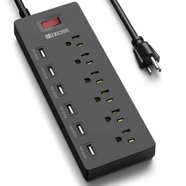 HITRENDS Protector contra sobretensiones de regleta de enchufes con 6 Salidas de CA y 6 Puertos USB 1,8 m, 1625 W/13 A multiconector para Oficina en casa, Negro