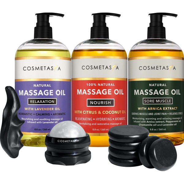 Cosmetasa Luxury Spa Treatment Gift Set- Relaxation, Nourish and Sore Muscle Massage Oil with Hot Stones, Roller Ball and Thumb Saver Massage Tools