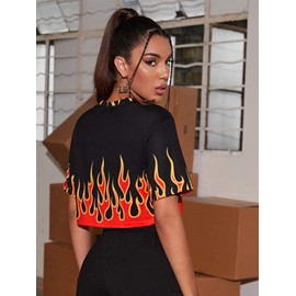 Floerns Women's Print Crop Top Short Casual Sleeve T Shirts Black Fire M