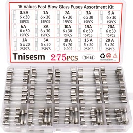 Tnisesm 275 Pcs Fast Blow Glass Fuses Assortment Kit 0.5A, 1A, 2A, 3A, 5A, 6A, 8A, 10A, 15A, 20A, 6x30mm, 1A, 5A, 10A, 15A, 20A 15 Values 250V with Plastic Box Tn-18