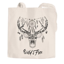 Autiga® Jute Bag Deer Antlers Dream Catcher Boho Bohamian Cotton Bag Shopping Bag Fabric Bag Natural 2 Long Handles