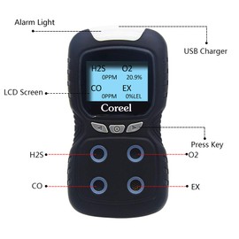 Coreel Portable 4 Gas Monitor, Sound Light Vibration Multi-Gas Tester Detector, Rechargeable LCD Screen Backlight -Ready to Use