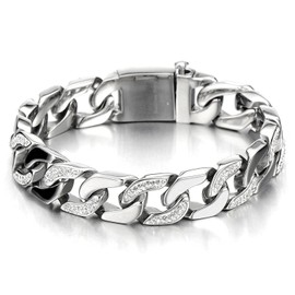 COOLSTEELANDBEYOND Men's Stainless Steel Curb Chain Bracelet Silver Color High Polished with Cubic Zirconia