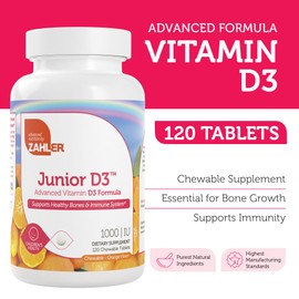 Zahler Junior D3 Vitamins 1000 IU - for Kids - Vitamin D for Kids to Support Bone, Teeth & Immune Health - Kosher Orange Flavor - 120 Count.