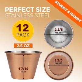 Fit Meal Prep [12 Pack 2.5 oz Stainless Steel Sauce Cups - Copper Plated Individual Round Condiments Ramekins, Commercial Grade Safe/Portion Dipping Sauce Kitchen Set