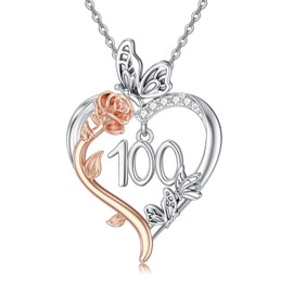 TOUPOP 100th Birthday Gifts Rose Heart Pendant Necklace Sterling Silver Sweet 100 Necklace Heart Butterfly 100 Years Old Jewelry Anniversary Christmas Gifts for Women Her Wife Mom Grandma
